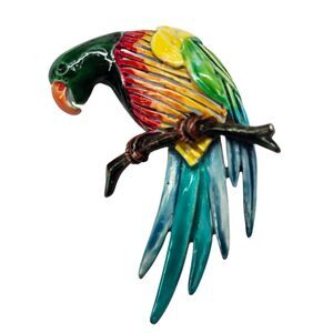 Vintage Parrot On a Perch Brooch Lapel Pin Colorful Enamel Silver Tone Coastal